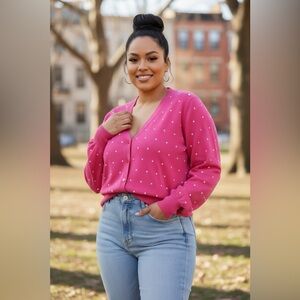 Foxcroft Pink Embroidered White Polk Dot Button Front Cardigan Sweater Size XL